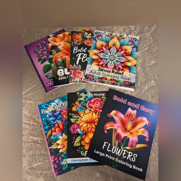 Set of 7 Floral Themed Adult Coloring Books - Picture 1 of 15